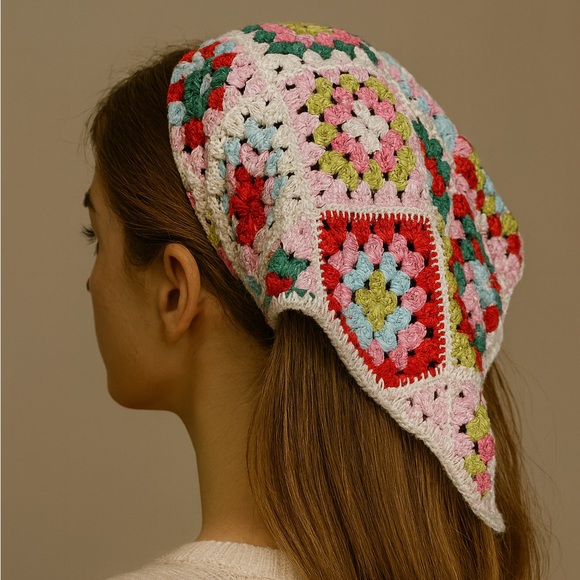 Sunday State Colorful Crochet Headscarf. Pink and Green. - Picture 8 of 8